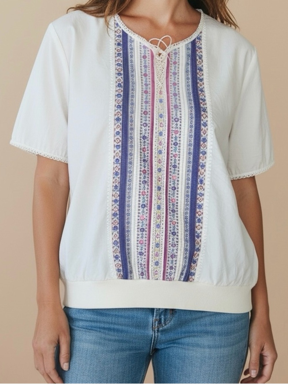 VTG 80s Teddi Embroidered Peasant Blouse White Lace Up Crop Top Boho Folk